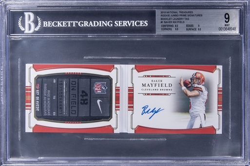 2018 Panini National Treasures "Rookie Jumbo Prime Signatures" #BM Baker Mayfield Signed Laundry Tag Patch Rookie Booklet (#3/5) - BGS MINT 9/BGS 10